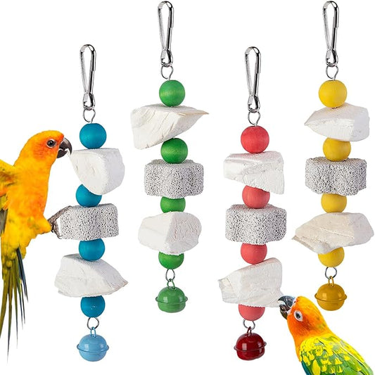 4 Pack Parrot Chewing Toy, Bird Beak Grinding Stone with Bell, Parrot Beak Trimmer Calcium Stone,Bird Cage Accessories for Cockatiels Parakeets Parrot Budgies Rat Hamster Chinchilla Rabbit Bunny