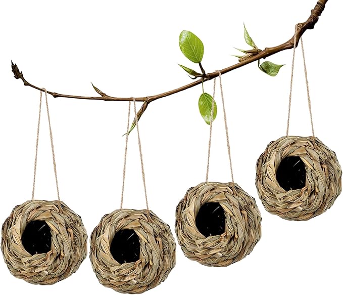 winemana 4 Pack Hanging Bird Nest House for Outside, Ball Shape, Hand Woven, Durable Sturdy, Made of Natural Grass, Perfect for Garden Patio Lawn Office Indoor
