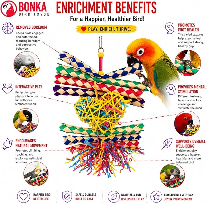 Bonka Bird Toys 1730 Foraging Valentine Heart Bird Toy for Medium Birds Shredding and Chewing Cage Toy Colorful Palm Leaf and Paper Foraging Toy 9" x 6"