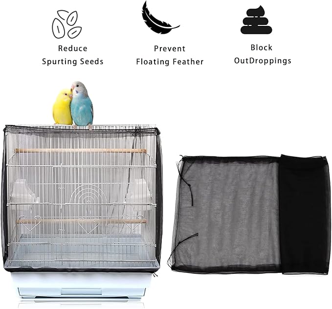 Bird Cage Cover, Parakeet Cage Acessories Adjustable Seed Catcher Birdcage Seed Catcher Birds Cage Netting Bird Cage Mesh Cover for Bird Cages (Black)