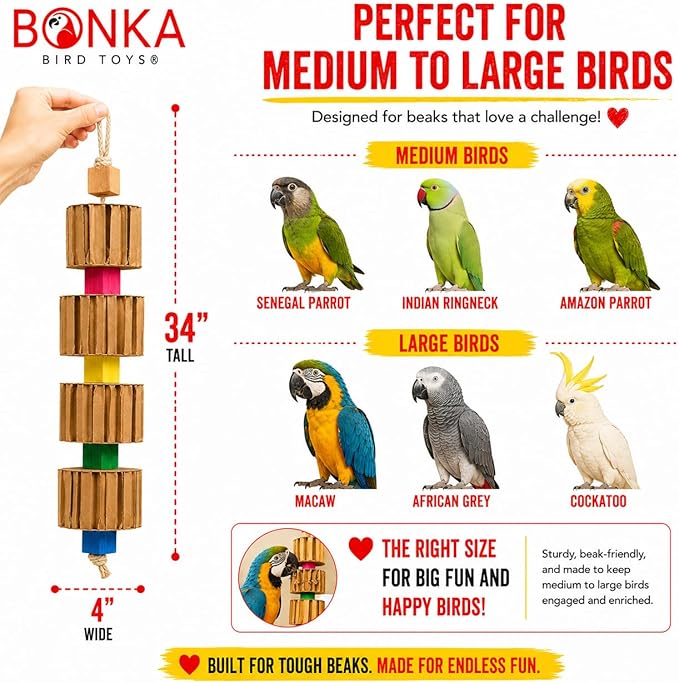 Bonka Bird Toys 3750 Big Quad Blocks N Cube 12" Wood and Metal Hanging Chew Toy for Medium to Large Birds Parrot Cage Enrichment