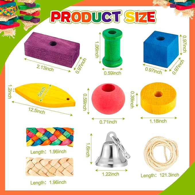 Shappy Large Bird Toy Making Kit, 228 Pcs DIY Parrot Toys Supplies, Natural Wood Chewing Blocks Beads Rope Bell Set for Macaw, Cockatiel, African Grey, Parakeet Cage Enrichment