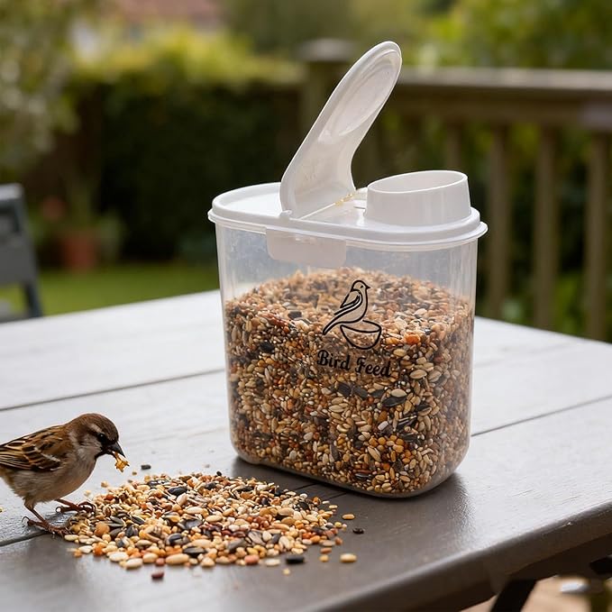 Bird Seed Storage Container, Airtight 2L/4.5Lbs Bird Food Container with Scale & Pour Spout, Portable Bird Food Holder to Keep Food Fresh|BPA-Free-White