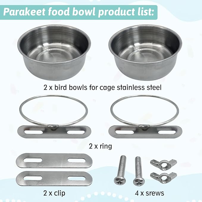 PINVNBY Stainless Steel Bird Bowl Parrot Food Water Bowls with Clamp Holder Bird Feeder Dish Cups Crate Bowls for Cockatiel Pigeons Conure Budgies African Greys (2PCS Screw Size: L)