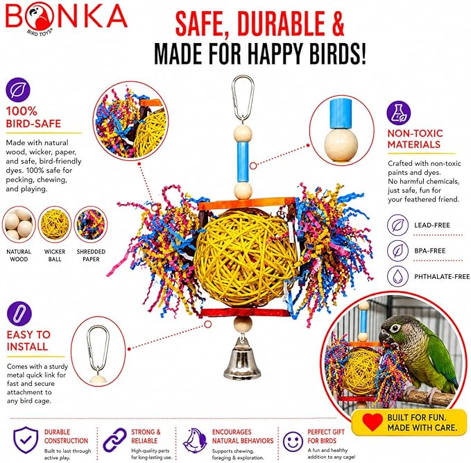 Bonka Bird Toys 1839 Foraging Star 7" High by 8" Wide, Medium Parrot Chew Shred Forage Cage Toy, Conure, Pionus, Quaker, and Similar Birds
