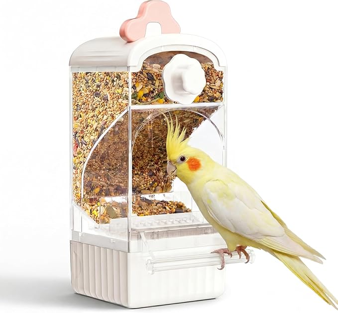Bird Feeder for Cage, No Mess Self Cleaning, Large Capacity with Waste Drawer, No Installation Required, Parakeet Feeder for Parrots Budgies Cockatiels Canaries (Transparent)