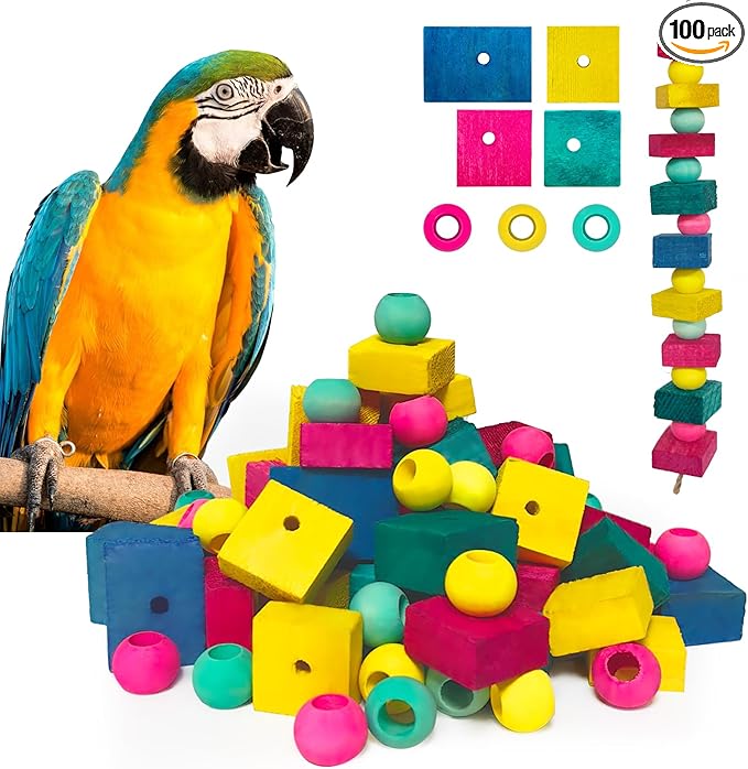 Bird Toys, 100 Pcs Multi-Color DIY Wooden Blocks, Chewing Playing Training Toy for Cockatoos, Macaws, African Grey, Small Medium Parrots