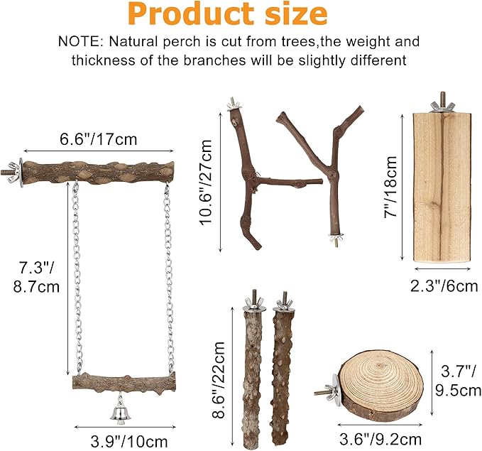 7pcs Set Natural Wood Bird Perches for Cage Wooden Bird Cage Accessories Including Curved Grape Stands Chewing Sticks Platforms Birds Swing Toy for Parakeets Cockatiels Small & Medium Birds