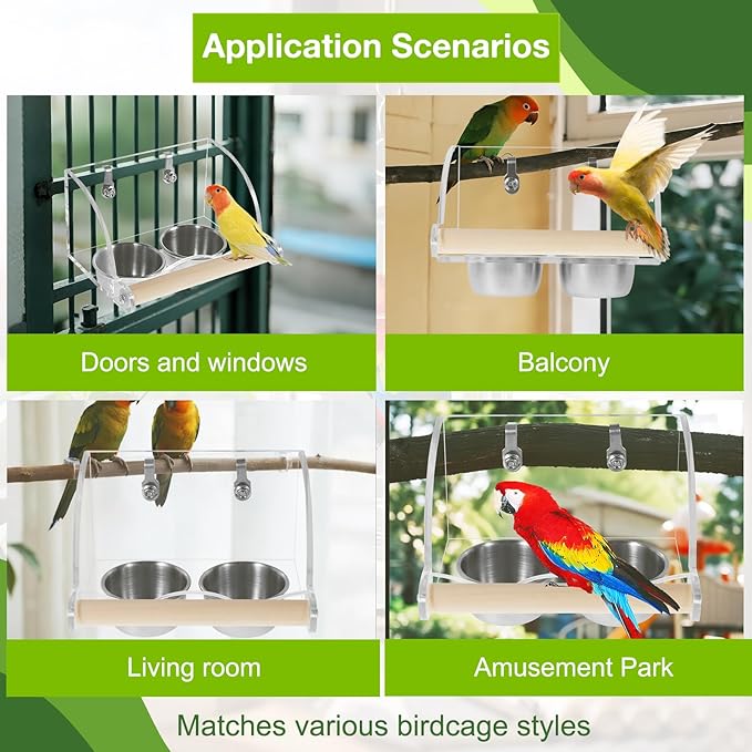 Bird Feeder for Cage,Transparent Parrot Feeder with Nonslip Wood Perch, Stainless Steel Birds Food Bowl Water Bowl, Bird Cage Seed Catcher for Small Medium Parakeet Cockatoos Lovebirds Budgies Conures