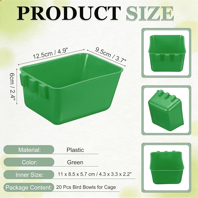 Cage Cups, 4.9x3.7x2.4 Inch Parakeet Feeder Bird Cage Accessories Hanging Food Water Dispenser, (Green, 20 Pcs), Intended for Pet/Pigeon/Parrot/Chicken