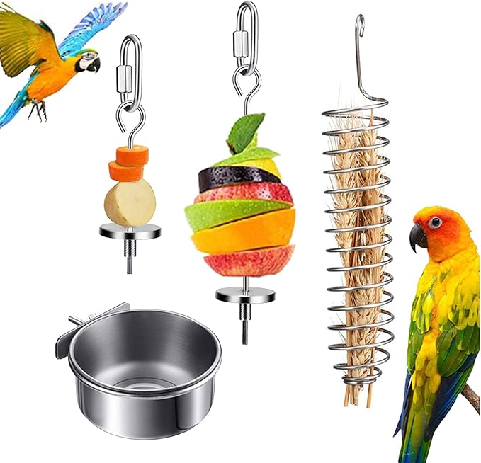4 Pcs Stainless Steel Parrot Treat Holder, Food Skewer, Bird Fruit and Vegetable Kebab, Meat Stick, Parrot Cage Feeder, Hanging Basket
