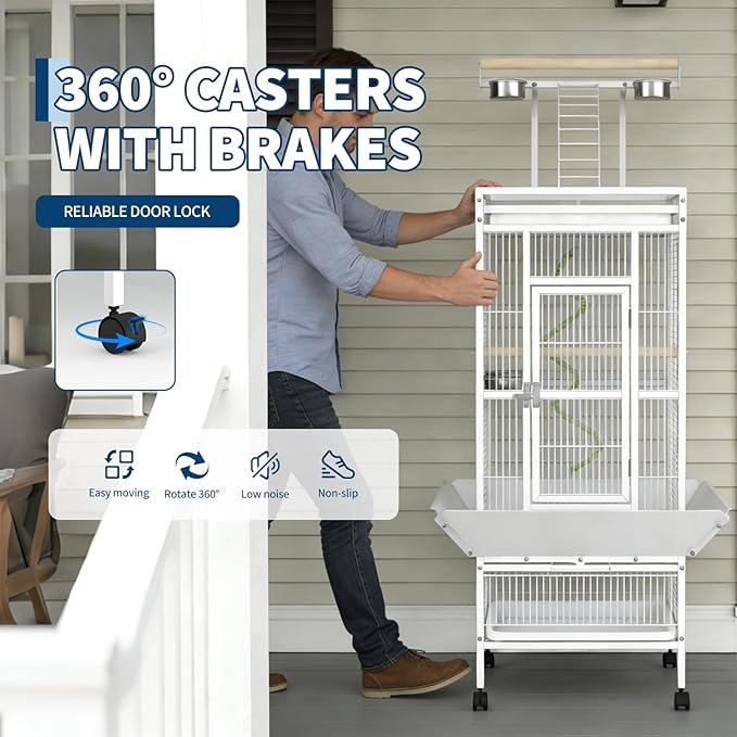 60" h Large Bird Cage, Indoor Parakeet Cage with Playtop, Bird Rope Perche, Heavy Duty Wrought Iron Bird Cage on Wheels for Parrots, Parakeets, Cockatiels, Conures