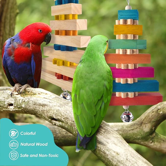 DBNESS 2 Pcs Bird Toys for Parrots, Colorful Natural Large Parrot Toy Hanging Chew Wood Block with Bell for Medium to Large Cockatiels, Eclectus, African Greys, Amazon, Cockatoo