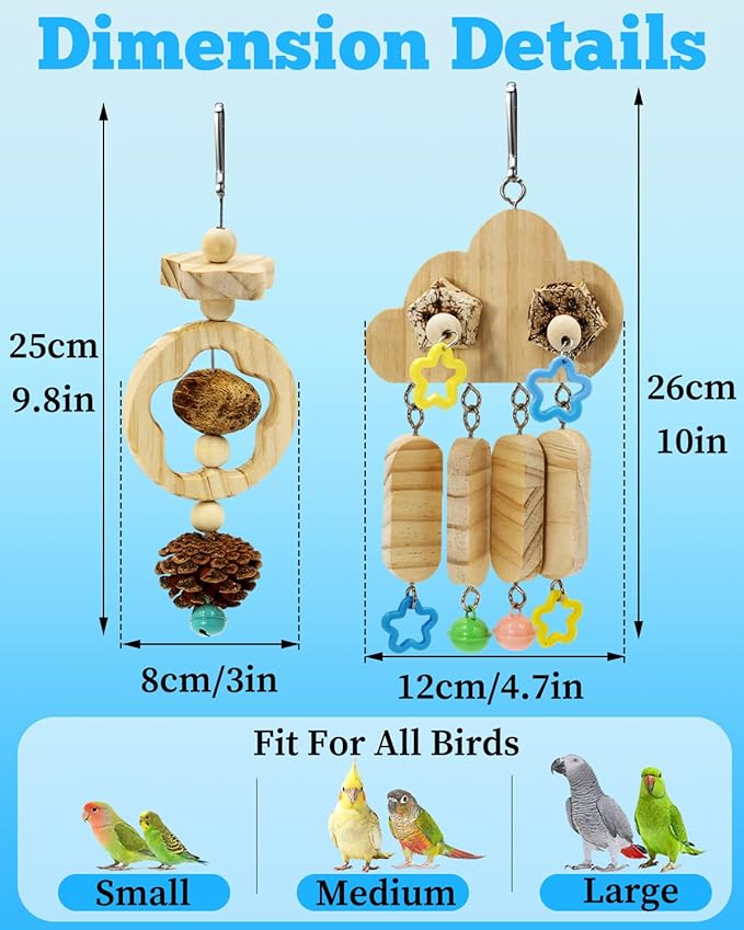 2 Pack All Natural Bird Chew Toys, Sun Conure Beak Grinding Toys, Parakeet Toys with Bells for Cage Small Medium Bird, Chewing Parrot Toys for Quaker, Budige and Cockatiel