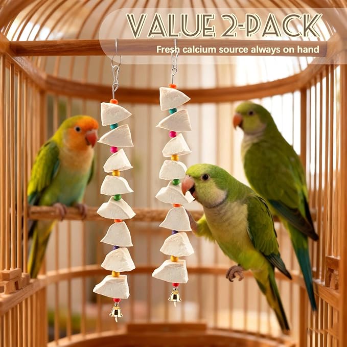 2 Pack Bird Cuttlebone Chew Toys, Natural Cuttlefish Bone for Birds Beak Grinding & Calcium Supplement, Hanging Cage Accessories for Small Medium Birds (2, Chunky Blocks)