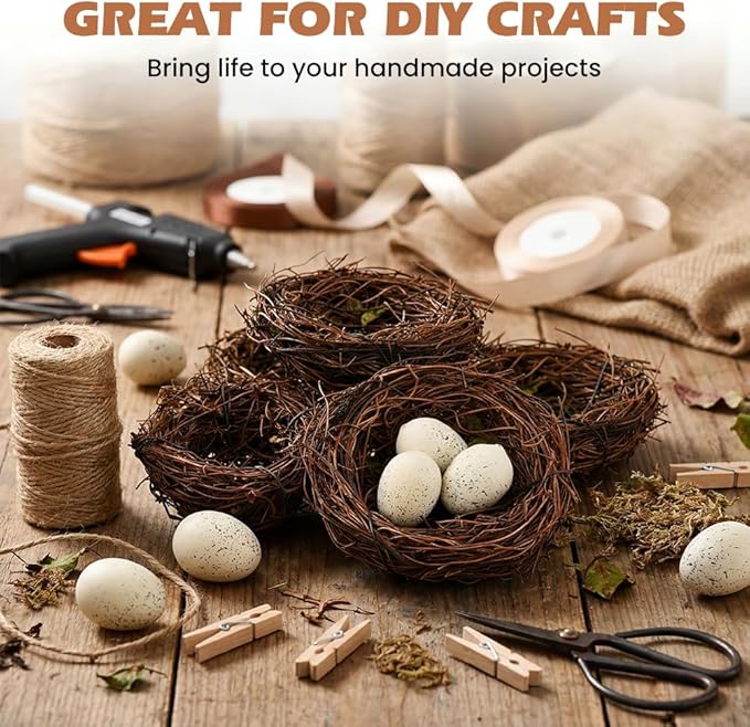 Bird Nest Decor for Crafts, 24-Piece Set with 8 Rattan Nests (2.36/3.15 in Dia) and 16 Faux Eggs (About 1.18 in L), Brown Tan for Wreaths Centerpieces Shelves