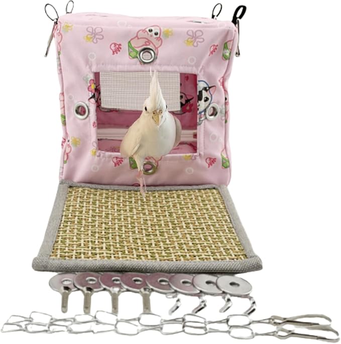 Large Spring Summer Breathable Bird Nest House, Zipper Design On The Back for Easy Cleaning, Conure Bed for Inside or Outside The Birdcage (Square-Pink,S)