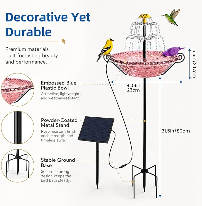 Bird Bath for Outside with Solar Fountain, Plastic Bowl on Metal Stake and Ground Stand, Freestanding Garden Accent for Yard and Patio (Pink(L))