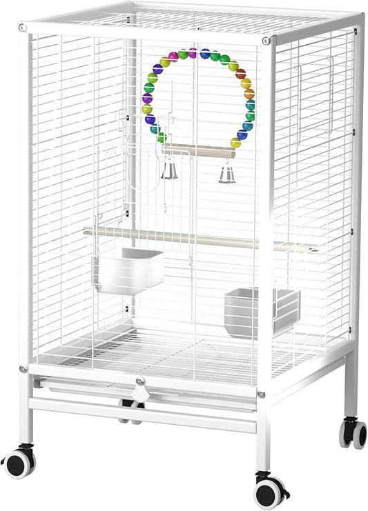 24-Inch Iron Bird Cage with Wheels, 61cm Height, Rolling Stand for Small Birds, Parakeets, Lovebirds, Canaries (White)