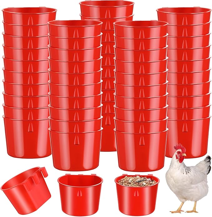 Sumind 60 Pcs Cage Cups Chicken Feeder Birds Hanging Feeders Seed Bowl 8 oz Plastic Water Bowl Hanging Chicken Gamefowl Waterer Feeding Watering Dish Coop Cups for Parrot Parakeet Poultry(Red)