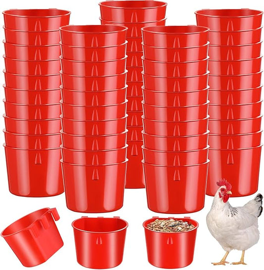 Sumind 60 Pcs Cage Cups Chicken Feeder Birds Hanging Feeders Seed Bowl 8 oz Plastic Water Bowl Hanging Chicken Gamefowl Waterer Feeding Watering Dish Coop Cups for Parrot Parakeet Poultry(Red)
