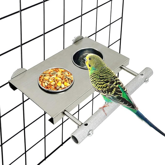 Stainless Steel Bird Feeder Hanging Parrot Feeder Bowl with Perch Stand Removable Food and Water Cups Bird Cage Accessories for Parakeet Cockatiel Budgie Conure