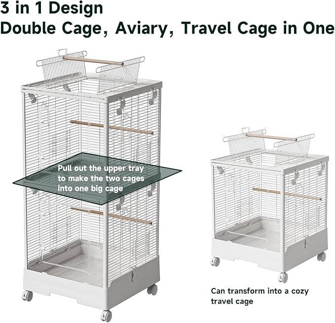 40 Inch Medium Small Bird Double Cage for Parrot Lovebirds Finches Canaries Parakeets Cockatiels Budgie Parrotlet Conures, w/Detachable Standing Perches, Snow White