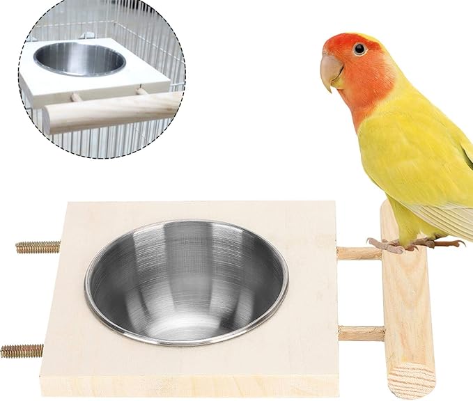 Pet Feeder, Parrots Feeding Dish Cups Stainless Steel Food Water Feeder Cage Accessory with Stand
