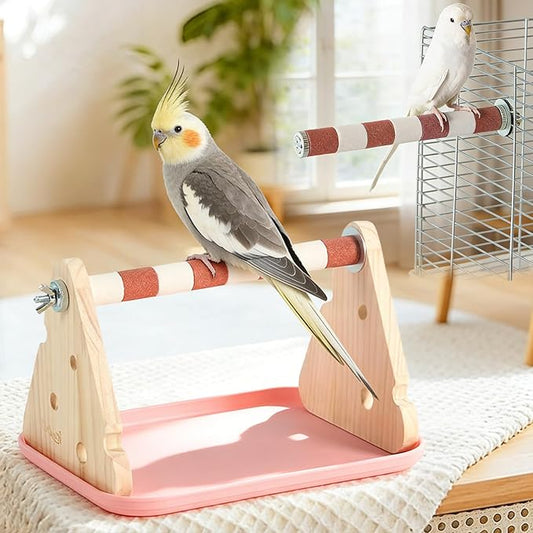 Wood Bird Perches Stand，2-in-1 Parrot Perch Stand，Portable Bird Stand，9.1''L*5.3''W*5.7''H Bird Training Perch with Removable Plastic Tray for Small and Medium-Sized Birds Play Stand(Cheese-Pink)