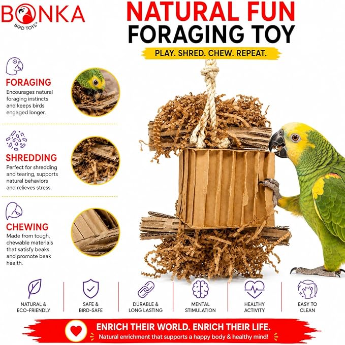 Bonka Bird Toys 3753 Natural Shreddy Eddy Medium to Large Parrot Toy Good Conure African Grey, Conures, Amazons, Small Cockatoos, and similarly Sized pet Birds for Chewy Foraging Fun.