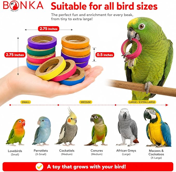 Bonka Bird Toys 2113 Pk24 Chew Bagels, 24-Pack, 2.75" Diameter, Colorful Compressed Cardboard Rings for Chewing, Foraging, and Cage Enrichment, Safe for Parrots, Parakeets, Cockatiels, and Conures