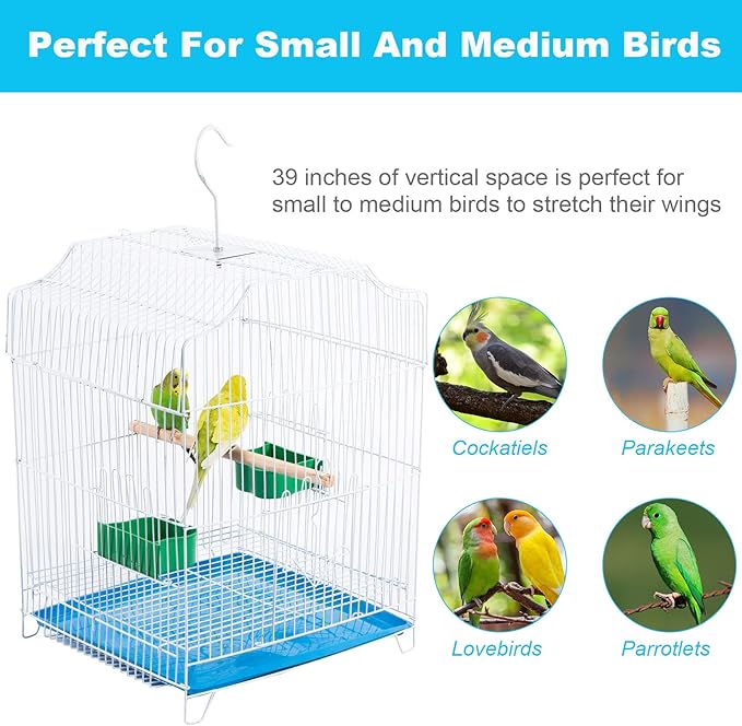 Small Bird Travel Cage - Lightweight Starter Kit for Parakeets, Lovebirds, Finches, Canaries Blue Includes Removable Tray & Accessories