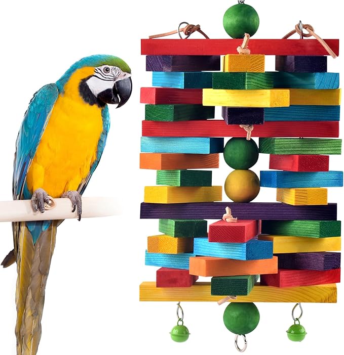 ERKOON Extra Large Bird Parrot Toys for Macaws, African Grey, Amazon Parrots Multicolored Natural Wooden Blocks Parrot Chewing Toy Bird Cage Bite Toy