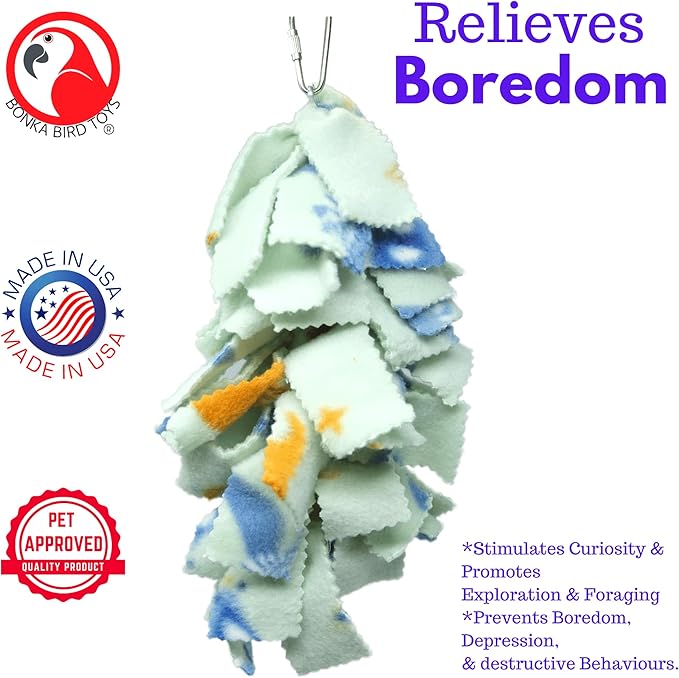 Bonka Bird Toys 1555 Medium Fluff - Colorful Fleece Hanging Toy for Birds, 9" x 3"