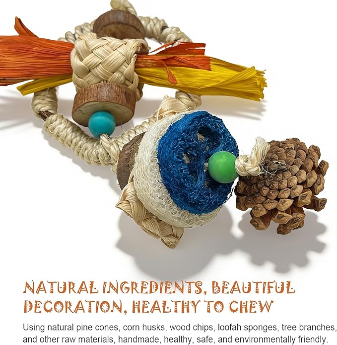 Parakeet Toys, Natural Hanging Bird Chewing & Foraging Toy with Corn Foliage and Seagrass, Beak-Safe Chewer for Conures, Cockatiels, Senegal Parrot and Small to Moderate-Sized Birds