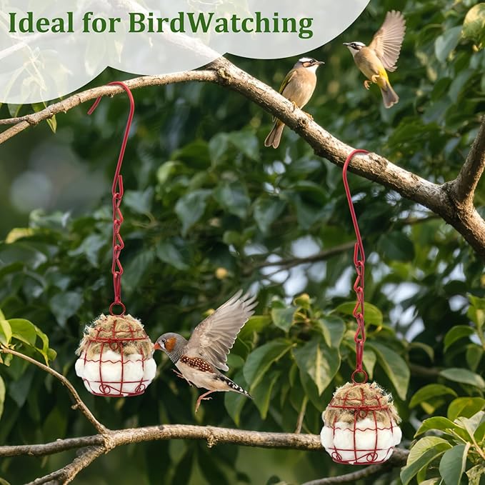 Bird Nesting Material with Wool, 2 Pack Refillable Hummingbird Nesting Material Cage Holder with Natural Cotton for Hummingbird Nest, Gift for Bird Lover, Nesting Balls Birds for Outdoor (Red Cage)