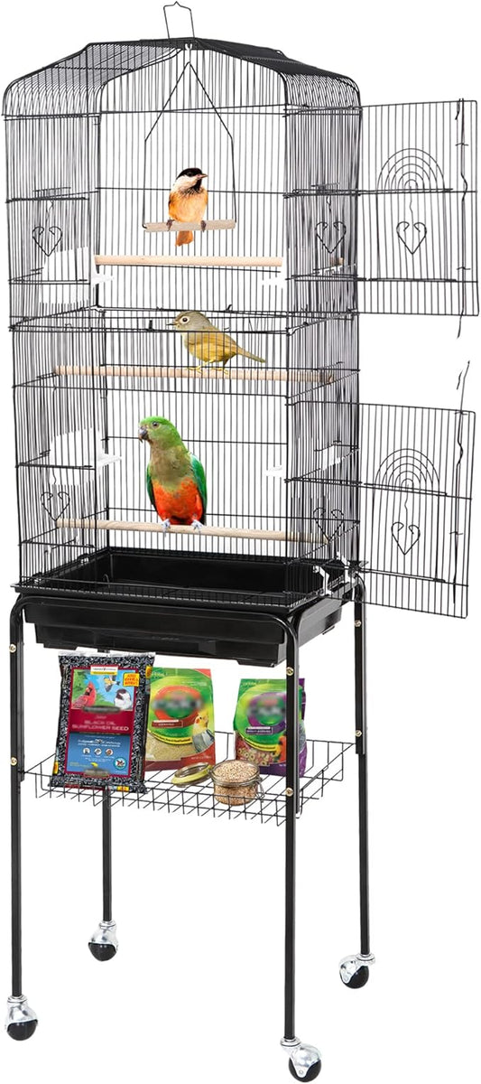 59.3-Inch Bird Cage, Wrought Iron Parrot Cage with Slide-Out Tray, Storage Shelf, Detachable Rolling Stand, Pet Bird House for Parrot Cockatiel Cockatoo Parakeet Macaw Finches