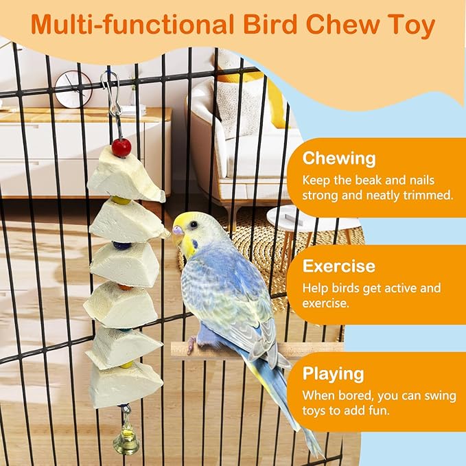 3 Pack Bird Chewing Toy Cuttlebone Parrot Toy with Bell Hanging Bird Beak Grinding Stone Parakeet Cage Accessories for Small & Medium Budgies Lovebirds Cockatiels (Block, 6 Per Skewer)
