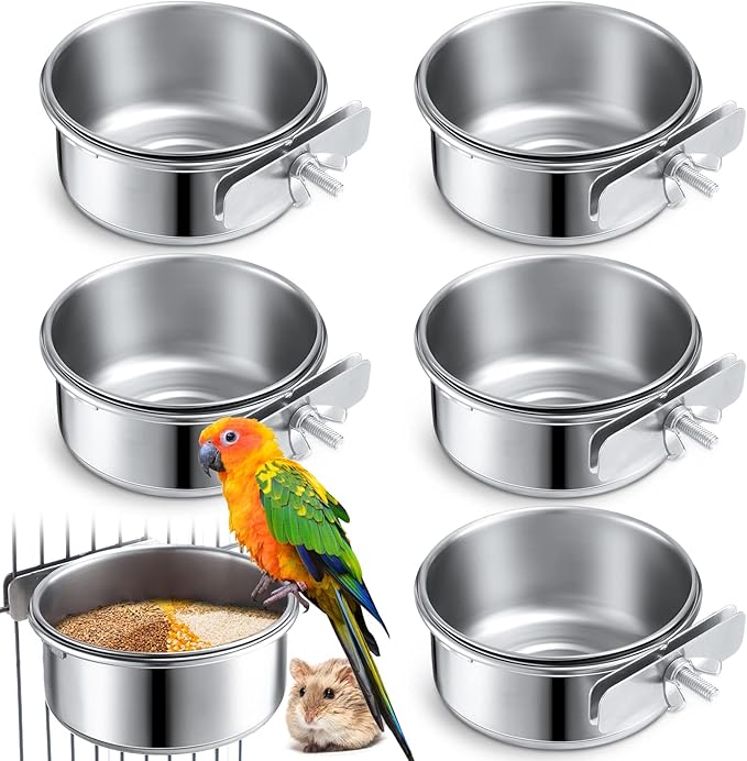 Sabary 6 Pack Bird Feeding Bowls Cups, Parrot Food Water Dishes Stainless Steel Bird Food Bowls with Clamp 10oz Birds Water Feeder for Parakeet Conure Cockatiel Lovebird Budgie Chinchilla Small Animal