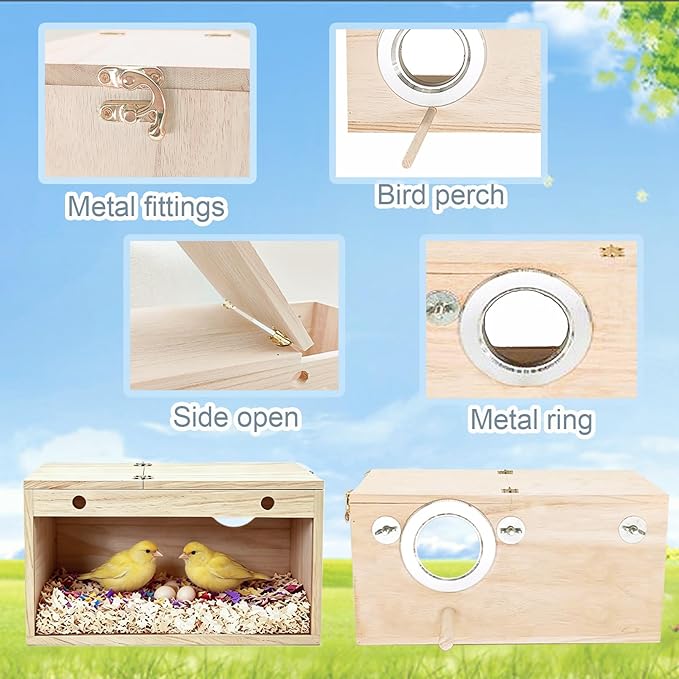 Tfwadmx Parakeet Nesting Box, Transparent Bird Nest Breeding Box, Wood Parrot Nest Box with Perch Bird Cage House for Cockatiel Lovebirds Budagie Canary Finch (M)