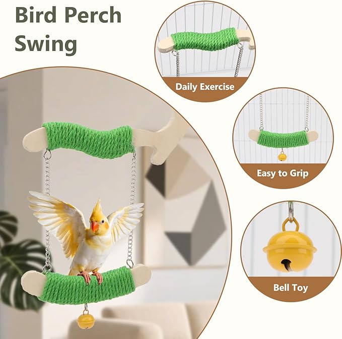 Litewoo Bird Swing Toys Wood Bird Perch Stand Hanging Parrots Swing Chewing Toy Cage Accessories for Budgies Parakeets Cockatiels Conures Lovebirds Finches (S)