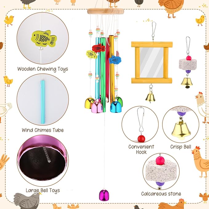 Soulchen 6 Pieces Chicken Toys for Coop Chicken Wind Chime Enrichment Toys Kits Chick Mirror with Bells Swing Hanging Chick Beak Grinding Calcium Stone for Coop Hens Chicks Poultry Birds Parrots