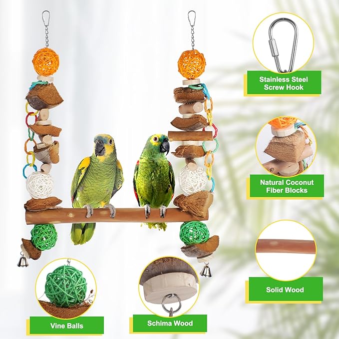 3-in-1 Parrot Toys Natural Coconut Fiber Parrot Hammock (Swing + Perch + Chew Toy) Natural Bird Perches for Medium Large Birds - 23" Bird Toys for Parrots Stand
