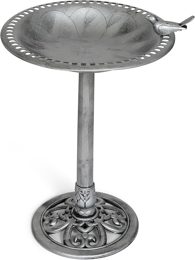 Backyard Expressions Outdoor Garden Bird Bath with Bird - Silver - Weather Resistant Polyresin - 30 Inch