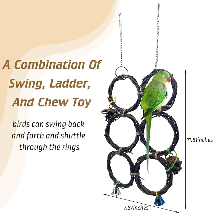 BNOSDM Bird Swing Rings Toy Natural Wood Parrot Climbing Ladder Parakeet Chewing Toys Hanging Budgie Cage Accessories for Green Cheek Conure Cockatiel Lovebird (6 Rings)
