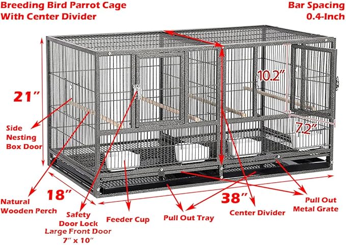 Single Durable Stacker Center Divided Breeder Breeding Bird Flight Double Rolling Cage for Aviaries Canaries Cockatiels Lovebirds Finches Budgies Small Parrots
