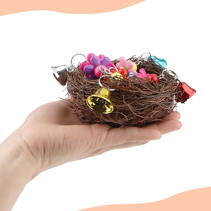 Hypeety Natural Rattan Nest Bird Swing Toy Colorful Flowers Bells for Budgie Parakeet Finch Lovebird Cockatiel (C)