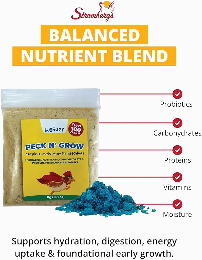 Stromberg's Peck n' Grow, Balanced Hatchling Nutrition Supplement with Probiotics and Essential Vitamins, Instinct-Promoting Chick Starter Formula for Strong Early Growth, 7.05 oz Pack for 2500 Chicks