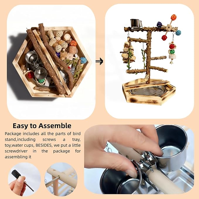 Natural Pepper Wood Bird Play Stand with Stainless Steel Bowls, Handmade Parrot Perch Gym with Chewing Toys & Bell, Tabletop Training Stand for Small to Medium Birds