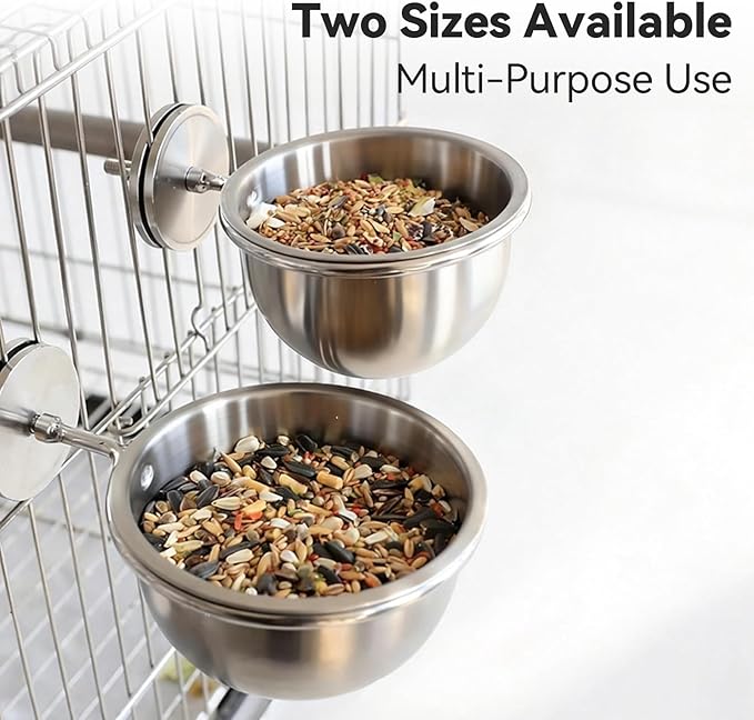 AOTU Anti Tip Stainless Steel Parrot Feeding Cups - Locking Bird Food & Water Bowls for Cage, Bird Cage Accessories for Cockatiel, Conure, Budgie, Macaw, Gray Parrot & Small Pets (L)